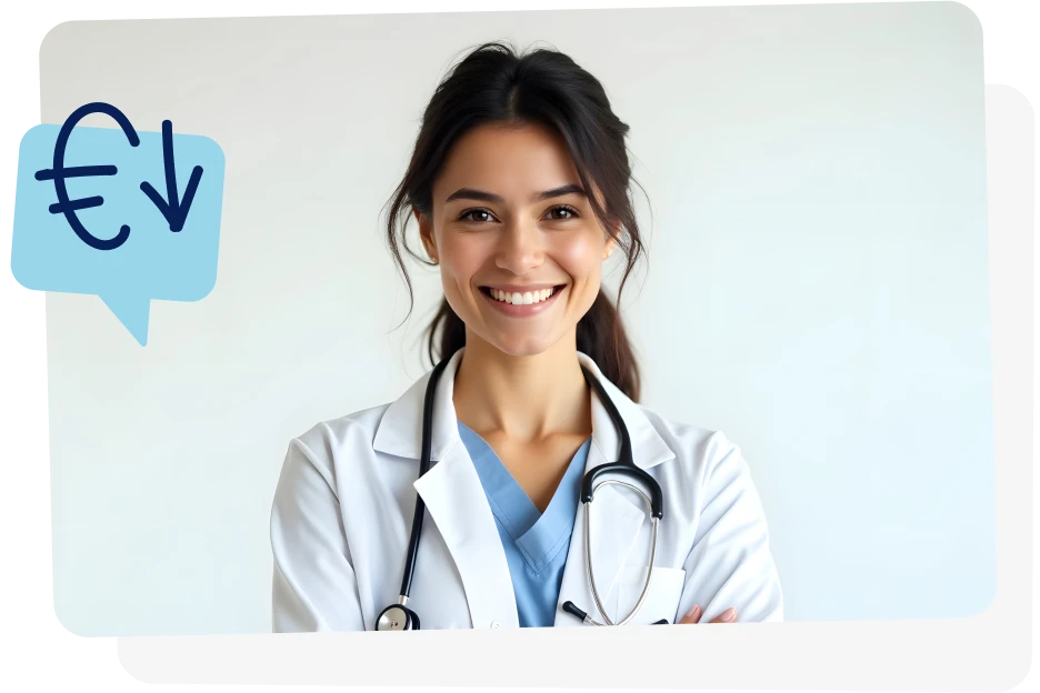 Asesora de crédito sonriente con bata profesional.